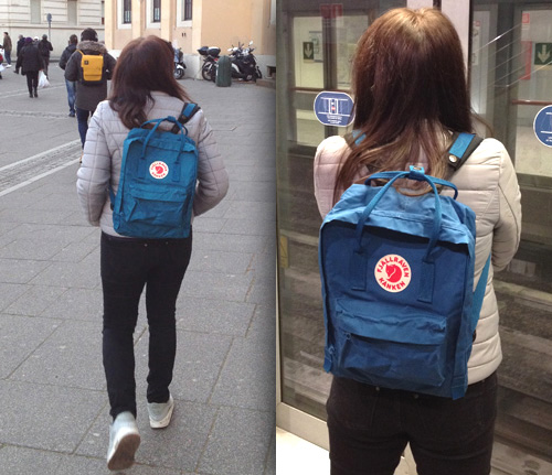 woman wearing blue fjallraven kanken backpack